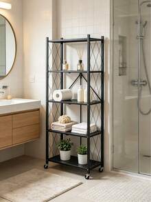 1pc 4-Tier Foldable Metal Storage Shelf With Lockable Wheels, Kitchen Storage Rack，No Assembly Rolling Organizer Rack, Sturdy\durable, Heavy Duty Display Shelving Unit For Kitchen Living Room Bedroom Bathroom Balcony, Nordic Minimalist Storage Rack - 查看 9
