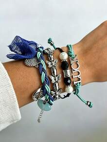 4 pezzi Braccialetto da donna stile bohémien multicolore con corda intrecciata in cera, cerchio geometrico, cuore, fiore, farfalla, foglia, lettera e perle finte, regolabile a più strati - Braccialetto carino, elegante, premium e versatile adatto per l'uso quotidiano o come regalo per le vacanze - Multicolore - Visualizzare 1