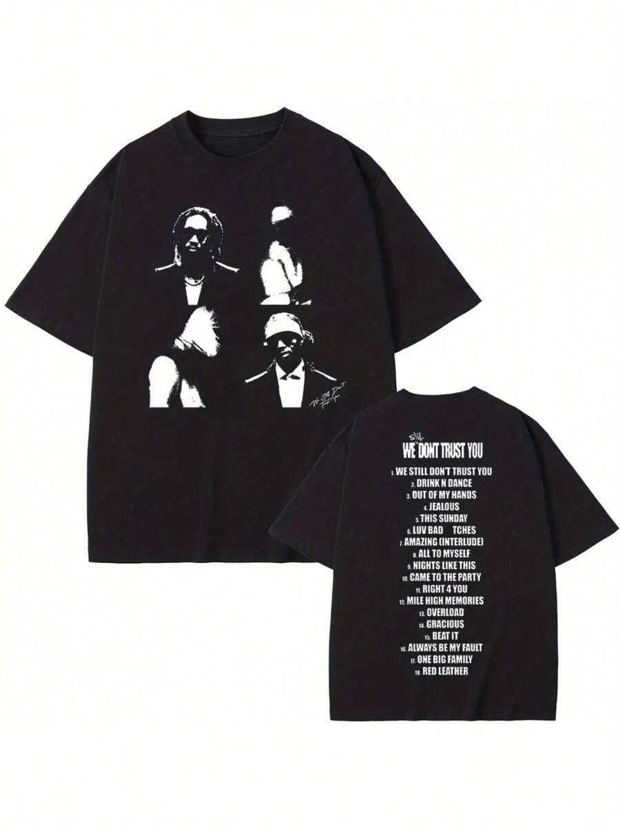 Camiseta de Hip Hop para Hombre Future / Estampado Gráfico "No Confiamos en Ti" / Camiseta Negra de Estilo Urbano con Diseño en la Espalda Blanca / Cuello Redondo Casual / Lavable a Máquina, - Negro - Ver 1
