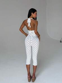 Sommer Polka Dot Anzug, Damen Einfach und Elegant Neckholder Top, Dreiviertel Hose Anzug, Geeignet für Sport, Fitness, Büro und Pendeln - Weiss - Übersicht 3