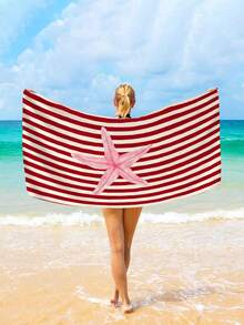 1pc Red Striped Beach Towel, Minimalist Striped Starfish Print Large Beach Towel, Ultra-Fine Fiber Quick-Dry Absorbent Sand-Resistant Beach Towel, Towel, Suitable For Travel, Swimming Pool, Diving, Surfing, Yoga, Camping, Beach Party And Party Decoration Beach Towel, Essential For Summer Beach Travel, Vacation Bathroom Decoration Water Party Multi-Functional Beach Towel - Bright Red Stripes - View 8