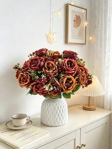 1/3pcs Artificial Rose Flower Bouquet, Suitable For Spring And Autumn Decoration, Wedding Vase, Home, Restaurant, Bedroom, Kitchen, Bathroom Decor, Mother's Day Gift, Holiday Birthday Party Supplies, Outdoor Garden Decoration - Orange - View 7