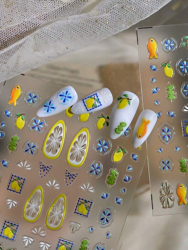 1 Bohemian Style Nail Art Stickers, Lemon, Fish Phone Case DIY Stickers, Fruit Painting Nail Art Stickers