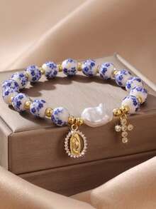 1 pièce Bracelet en perles baroques artificielles avec perles dorées en céramique et pendentif Vierge Marie en acier inoxydable, cadeau parfait, article cadeau chrétien - Multicolore - Voir 19