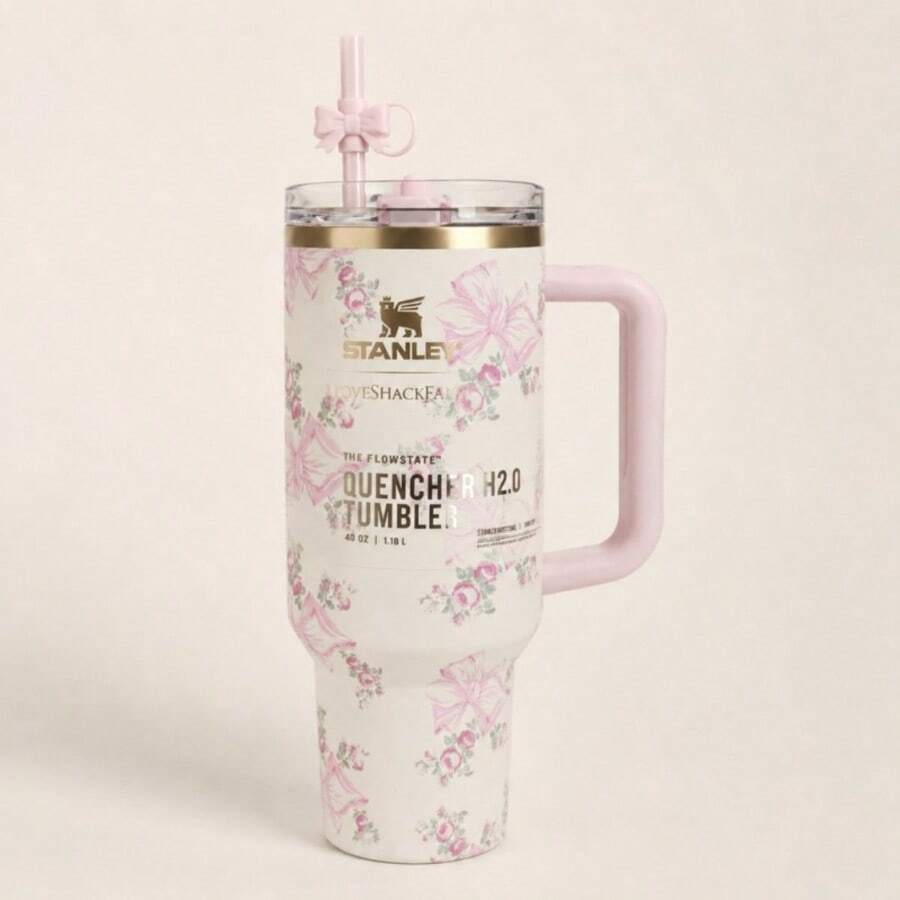 LoveShackFancy X Stanley 40oz Pink Floral Quencher Tumbler With Bow Topper - Pink - Butterfly - View 1