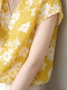 法式浪漫花卉印花女式工作襯衫，優雅通勤V領短袖夏季休閒女式襯衫，精美女式襯衫商務休閒女裝，女式秋季服飾 - 黃色 - 查看 6
