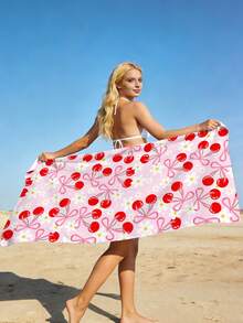 1pc Cherry & Bow Beach Towel, Fashionable Bow Cherry Print Large Beach Towel, Ultra-Fine Fiber Absorbent Beach Bath Towel, Suitable For Travel, Swimming Pool, Diving, Surfing, Yoga, Camping, Beach Party And Party Decoration, Summer Beach Travel Essential, Multi-Functional Beach Towel For Bathroom Decoration During Vacation - Red Cherry - View 6