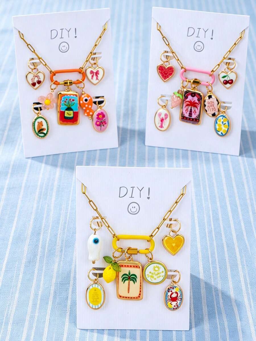 夏季熱帶風情 DIY 琺瑯吊飾項鍊套組,可拆卸混搭水果、魚、海星、棕櫚樹吊飾,附迴紋針鏈條與登山扣扣環 - 彩色 - 查看 1