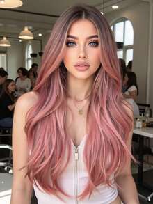 26 Inch Pink Synthetic Wig - Long Wavy Style (No Bangs), Heat Resistant Material, Water Wave Texture - Suitable For Parties, Daily Wear, Holidays, Travel Photography, Music Festivals, Etc. - 粉色 - 查看 12