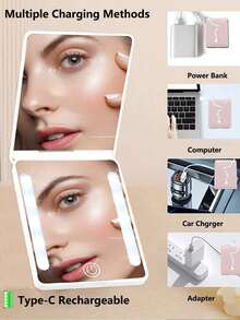 300mAh USB Rechargeable LED Makeup Mirror With Light, Portable Folding Travel Vanity Mirror, 3 Lighting Modes, Touch Dimmable Magnifying Makeup Mirror, Compact Pocket Mirror, Suitable For Travel, Office, Dorm, Bedroom, Holiday Gift - Multicolor - View 5