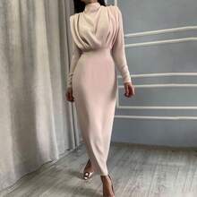 Vestido de manga larga de color sólido, elegante y a la moda, con cintura ajustada, para fiestas, eventos nocturnos y uso en casa, otoño 2026. - Negro - Ver 3