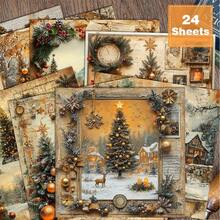 24 Sheets 6*6 Inch Exclusive Warm Gold Christmas Tree + Snowy Landscape Combination Design Scrapbook/Journal, Vintage Aesthetic Old Book Page Collage Suitable For Collage, DIY Origami And Journaling Materials, Handmade Scrapbook, Bullet Journal, Greeting Cards, Gift Wrapping And Home Decor - Square - View 9