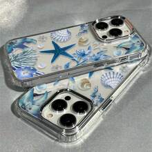 1pc Blue Starfish Shell Flower Painted Pattern Premium Frame Full Coverage Lens Anti-Drop TPU Fashion Phone Case Compatible With IPhone 11 12 13 14 15 16 17 Pro Max/Plus 7/8/XR Shockproof Protective Cover - Multicolor - View 3