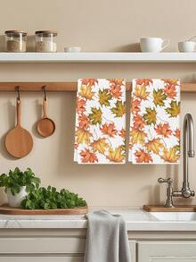 2 Pcs White Pumpkin Floral Maple Leaf Orange Pumpkin Print Dish Towel Farmhouse Autumn Style Microfiber Rectangle Quick Dry Absorbent Kitchen Towel Home Kitchen Thanksgiving Fall - Orange - View 4