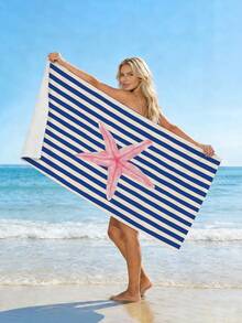 1pc Blue Striped Beach Towel, Minimalist Striped Starfish Print Large Beach Towel, Ultra-Fine Fiber Quick-Dry Absorbent Sand-Resistant Beach Towel, Towel, Suitable For Travel, Swimming Pool, Diving, Surfing, Yoga, Camping, Beach Party And Party Decoration Beach Towel, Summer Beach Travel Essential, Vacation Bathroom Decoration Water Party Multi-Functional Beach Towel - Dark Blue Stripes - View 5