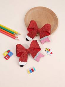 2 pièces Pinces à cheveux nœud crayon pailleté rouge pour la rentrée scolaire pour filles, jolies barrettes, pinces alligator, premier jour d'école, accessoires capillaires décontractés pour tous les jours - Multicolore - Voir 3