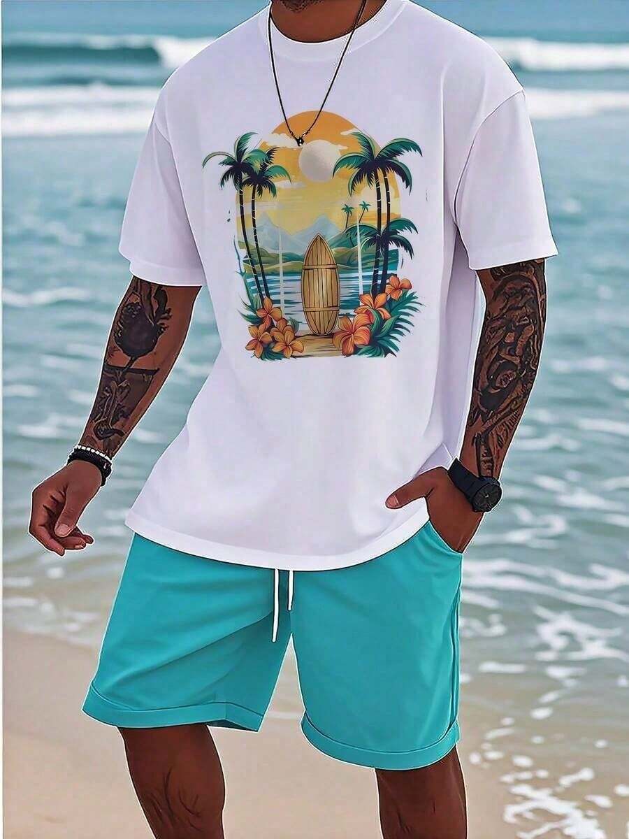 180g, Corte Holgado con Cuello Redondo, Lavable a Máquina, Camiseta Negra con Estampado de Palmeras y Atardecer para Vacaciones de Verano, Salidas Familiares y Uso Casual, Ropa Casual Cómoda - Blanco - Ver 1