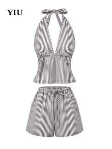 YIU 2pcs/Set Women's Sexy Halter Neck Backless Grey Striped Top + Elastic Waist Shorts Bohemian Style Outfit, Fashionable Summer Wear - Grey - View 5