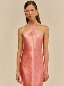 Long Party Dress With Fringe, Halter Neckline And Back Slit - Pink - View 2