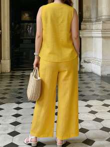 Women's Summer Solid Color Casual Embroidered Round Neck Sleeveless Top And Solid Color Long Pants 2-Piece Set Yellow Elegant - Yellow - View 6