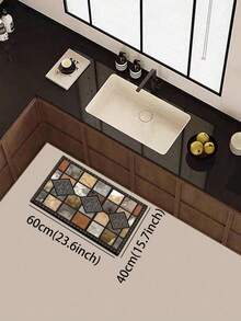 1pc Vintage Tile Pattern Diatomaceous Earth Kitchen Mat, Dark Edged Warm Brown Gray Stone Texture Absorbent Anti-Slip Stain-Resistant Foot Mat, Kitchen Bathroom Entryway Living Room Universal Home Decor Soft Rug - Multicolor - View 12