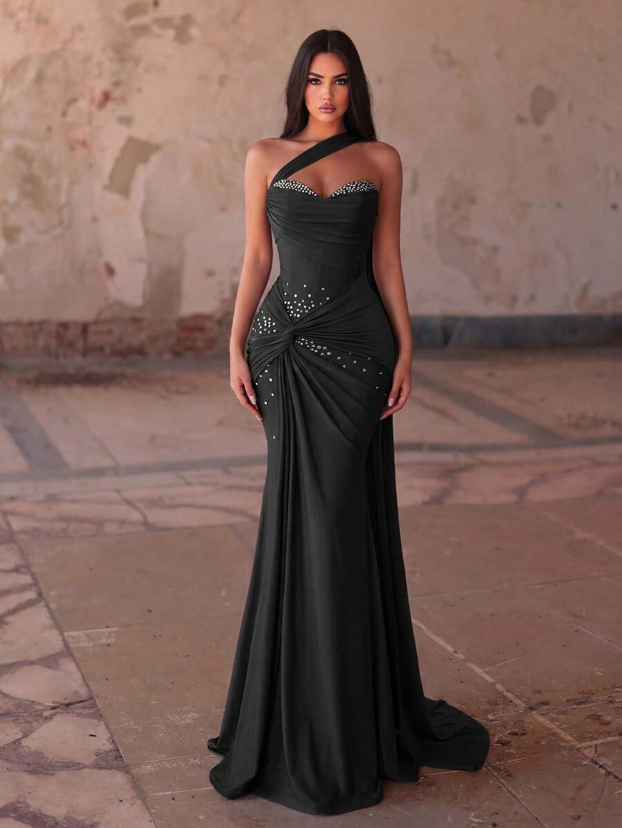 Elegant Strapless Long Party Dress, Rhinestone Embellished, Ruched Bust Design Black Wedding Fall - Black - View 1