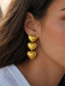 1 Pair Long Earrings, 24K Gold-Plated Iron Body With 3D Heart Decoration, Elegant French Classic Style - Love - View 4