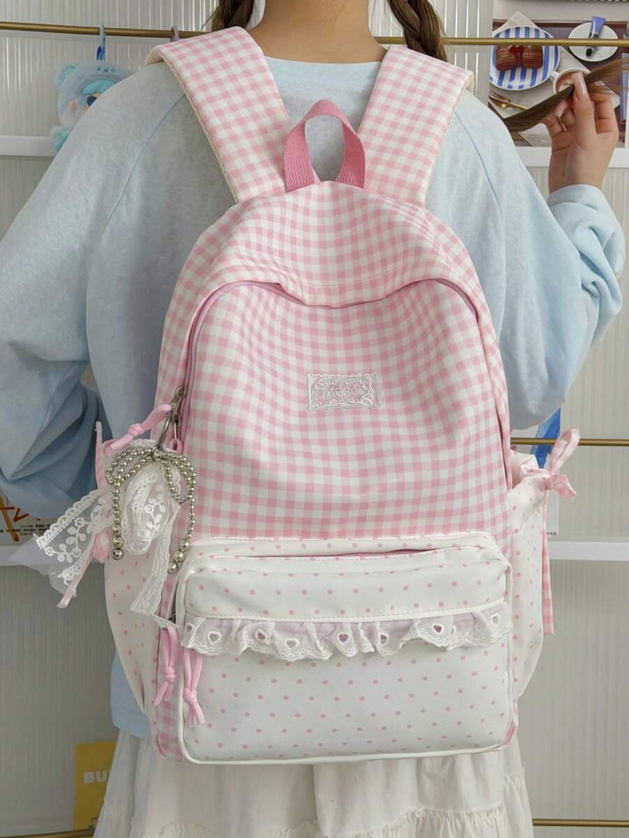 Kawaii Style Fashionable Large Capacity Plaid & Polka Dot Colorblock ...