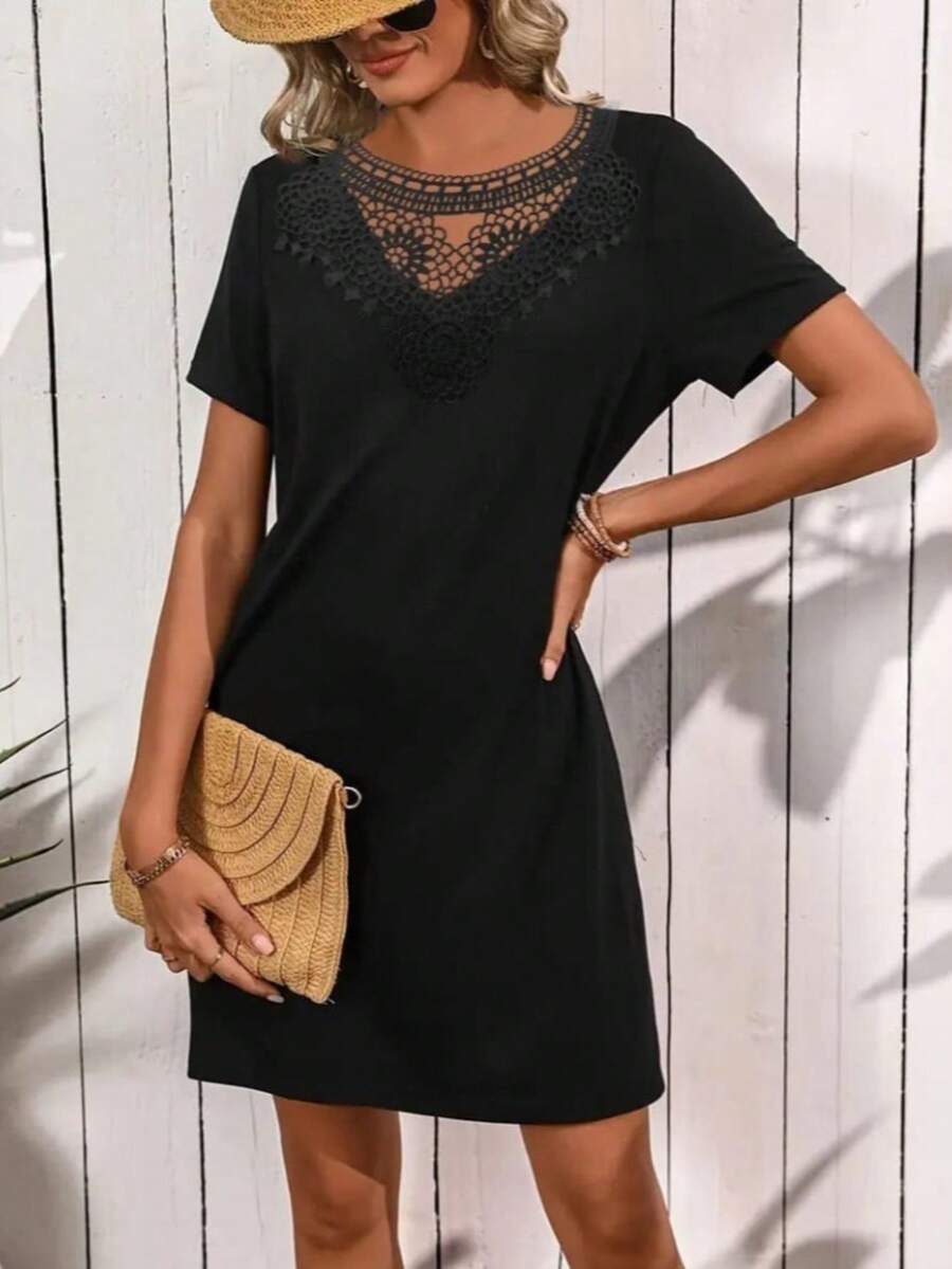 Damen Spitze Patchwork Casual Party Kleid - Schwarz - Übersicht 1