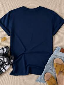 Women's Round Neck T-Shirt, Colorful Flowers Abstract Art Graphic, Casual And Fashionable Style, Suitable For Outdoor Sports And Holiday Gifts - 藏蓝色 - 查看 2