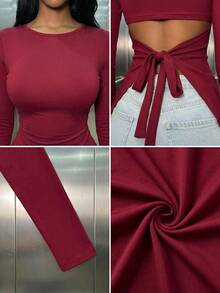 Women's Casual Fitted Waist Tie Back Slim Fit T-Shirt For Daily Wear, Fall Winter , Going Out - Burgundy - View 7