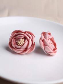 1 Pair Pink Fabric 3D Rose Stud Earrings, Vintage Soft French Style Floral Earrings, Romantic Date Night Accessory, Gift - Pink - View 4
