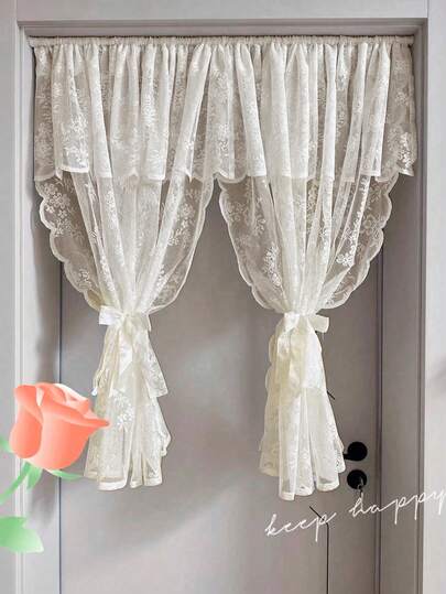 1 Stück weißer Rosenmuster Spitzen-Transparentvorhang, kurzer Vorhang, Fenster-Valance, Café-Vorhang, Vintage-Pastoral-Romantik-Stil, lichtdurchlässig, aus Polyesterfaser, geeignet für Schlafzimmer, Zimmer, Wohnzimmer, Küche, Büro, Café und Heimdekoration (Schleife nicht enthalten)