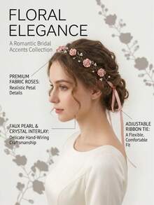 Diadema elegante de mujer con enredadera floral de rosas, perlas y cristales, lazo de cinta, accesorios para el cabello de novia y boda para fiesta, accesorios de dama de honor con cinta - Multicolor - Ver 3