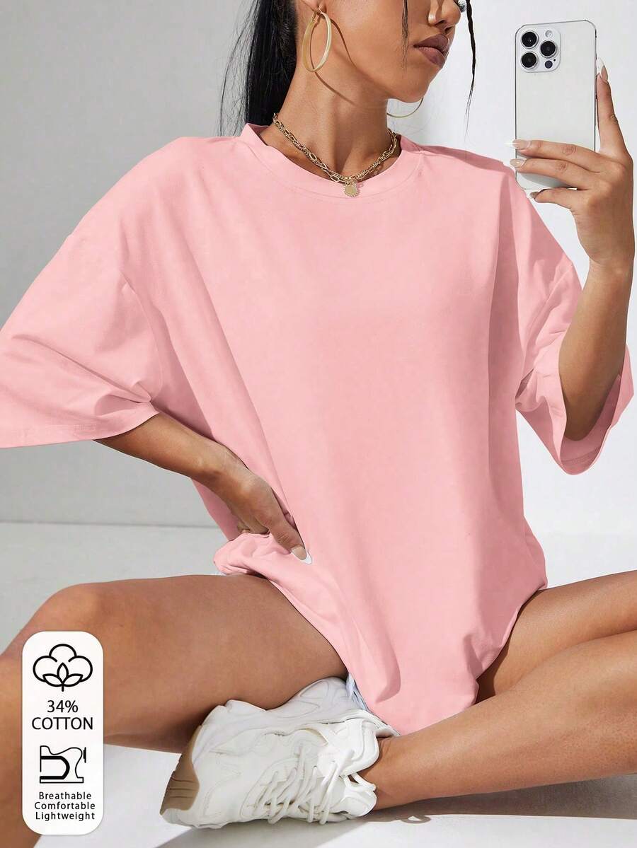 Sundraya Crew Neck Drop Shoulder T-Shirt - Rosa 2 - View 1