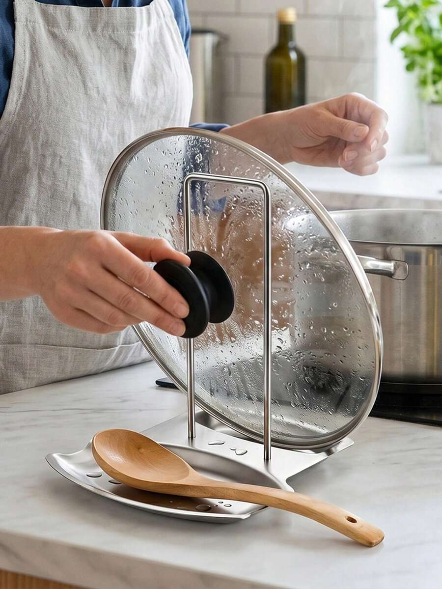 Stainless Steel Pot Lid Rack With Drain Tray - Punch-Free Soup Spoon Rack With Detachable Rack - Kitchen Supplies, Convenient For Storing Pot Lids And Draining