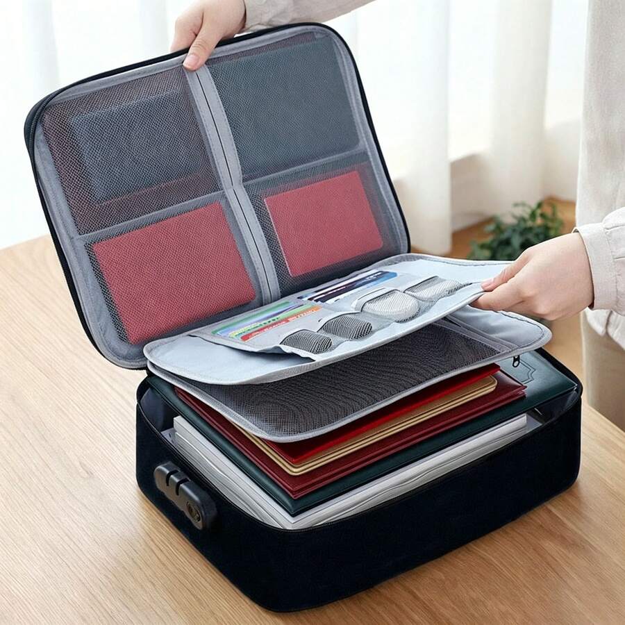 多層文件收納袋,大容量旅行卡夾,重要文件夾,信用卡、駕照,可上鎖文件袋 - 黑色優質版 - 查看 1