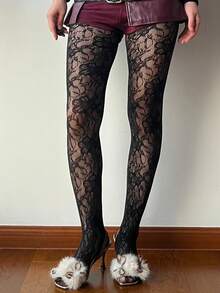 1 Pair Floral Lace Fishnet Breathable Socks, Sexy Cute Elegant, Suitable For Date Night, Daily Wear, Spring/Autumn - Multicolor - View 2
