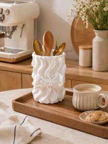 1pc Elegant Pearl White Bow Kitchen Utensil Storage Rack, Pleated Countertop Storage Cup, Suitable For Spoons, Forks, Chopsticks, Coffee Stirrers And Small Kitchen Tools, Modern Kitchen Decor Storage Can, Kitchen Decoration, Kitchen Utensil Storage Rack - Multicolor - View 3