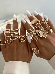15pcs Multi-Layer Stackable Fashion Minimalist Elegant Exquisite Vintage Design Geometric Ribbon Flower Faux Pearl Starfish Shell Round Bead Cross-Wrap Square Line Metal Glossy Minimalist Plain Band Exaggerated Wide Chunky Rings Set, Holiday Vacation Party Date Gift, Daily Commute Wear, Personalized - Yellow Gold - View 3