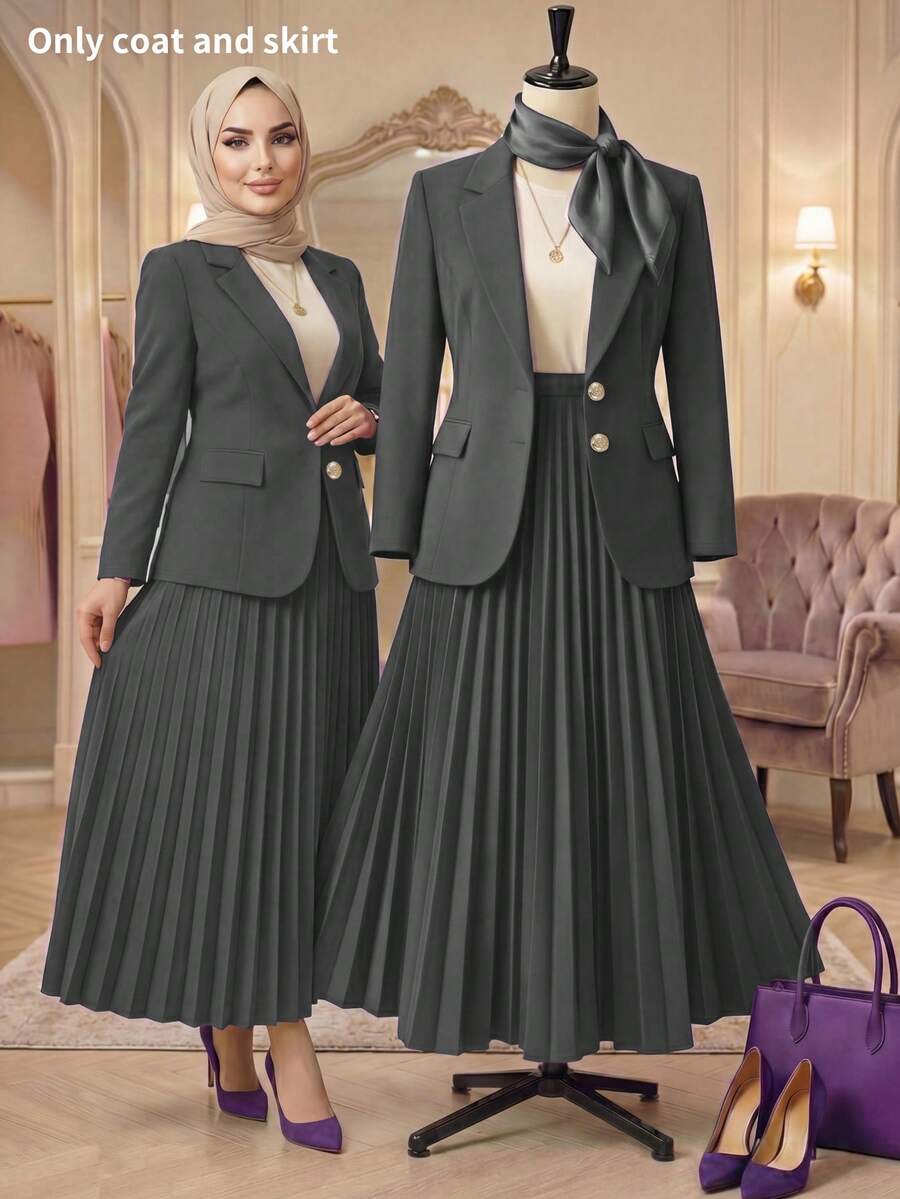 Setelan Blazer Abu-abu Berkerah dan Rok Midi Lipit untuk Wanita Ukuran Plus - Grey - View 1