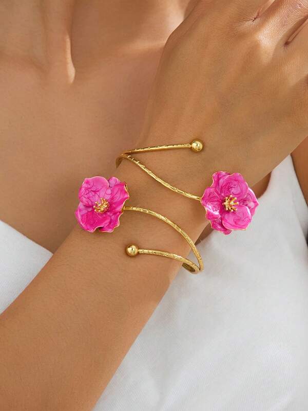 1 pieza Brazalete abierto de mujer de moda con diseño de flor de metal con efecto de goteo de aceite, joyería de diseño de pétalos minimalista