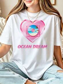 Ocean Dream Y2K Heart Graphic Tee, Retro Pink Cassette Coastal Scene Shirt - 白色 - 查看 1