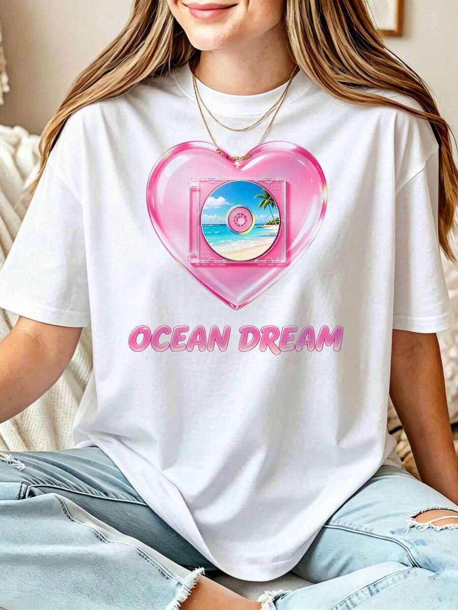 Ocean Dream Y2K Heart Graphic Tee, Retro Pink Cassette Coastal Scene Shirt - 白色 - 查看 1