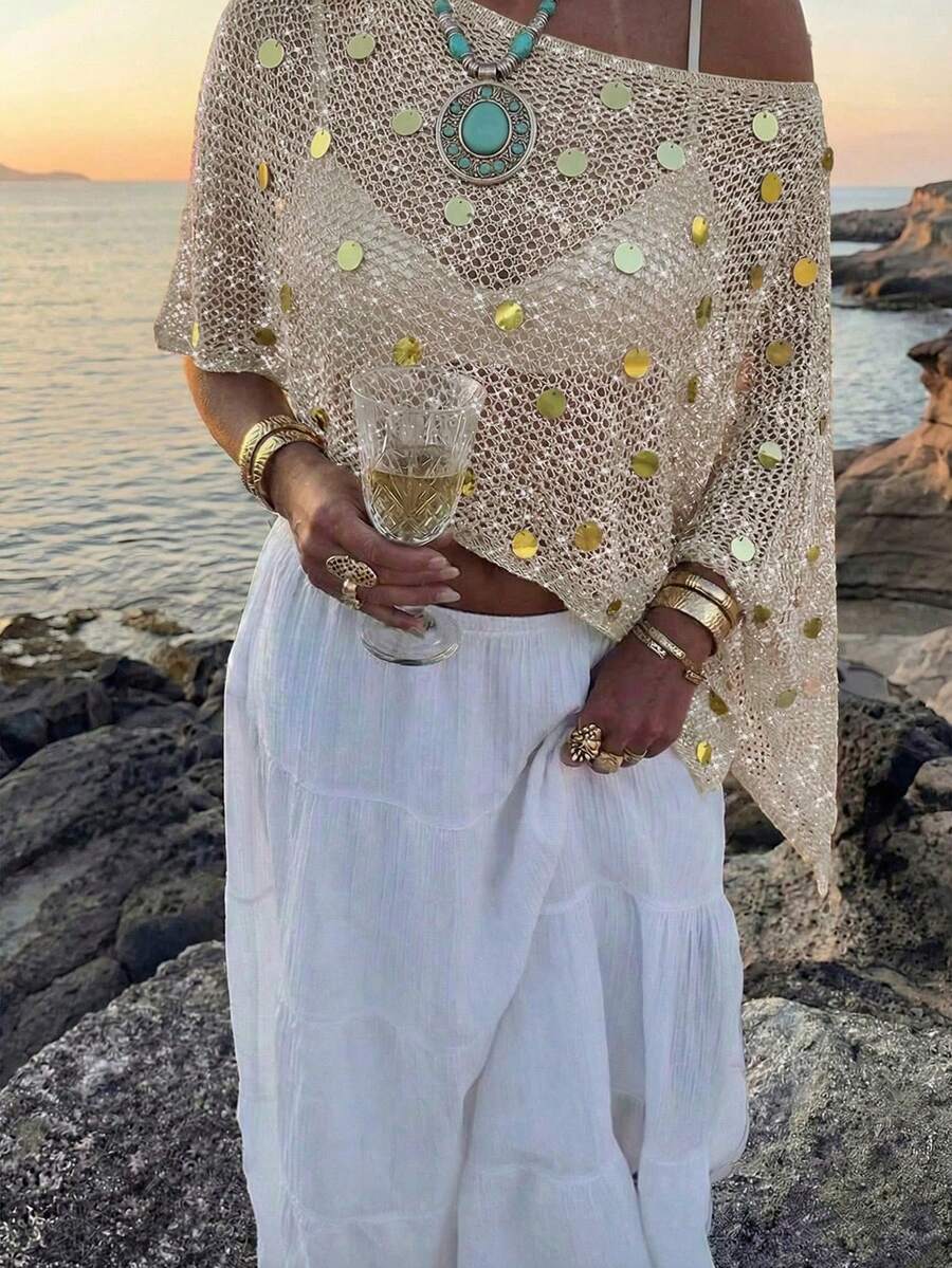 Women's Summer Side Top With Asymmetrical Hem, Lightweight And Breathable Shiny Fabric, Loose Fit Suitable For Various Figures, Casual Beach Top, Bohemian Style Summer Outfit CJ77 - 卡其色 3 - 查看 1