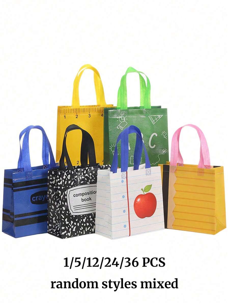 1/5/12/24/36入派對禮品袋,不織布材質,校園主題托特袋,文具圖案托特袋,印花禮品袋,不織布禮品袋,可折疊購物袋,適合慶祝活動與生日派對,返校季禮物,社團購物袋,主題派對包裝用品,派對包裝用品,學生同學老師禮物-可折疊購物袋與派對袋,防水,附提把,加強底座,適合萬聖節、聖誕節 - A - 查看 1