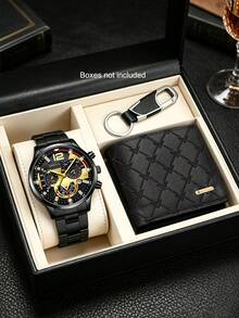 1/5pcs Set Men's Fashion Alloy Calendar Watch With Pen + Keychain + Multi-Layer Embossed Wallet And Lion Head Beaded Bracelet - No Box - Black - View 5