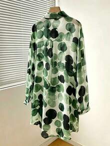 Women's Full-Length Blue Floral Print Loose Casual Daily Cover Up Shirt, Long Style, Turn-Down Collar, Roll-Up Sleeves, Pockets, Pleated, Slightly Sheer, Lightweight Beach Sun Protection Cover-Up, Autumn/Summer, Vacation Streetwear - Green - View 2