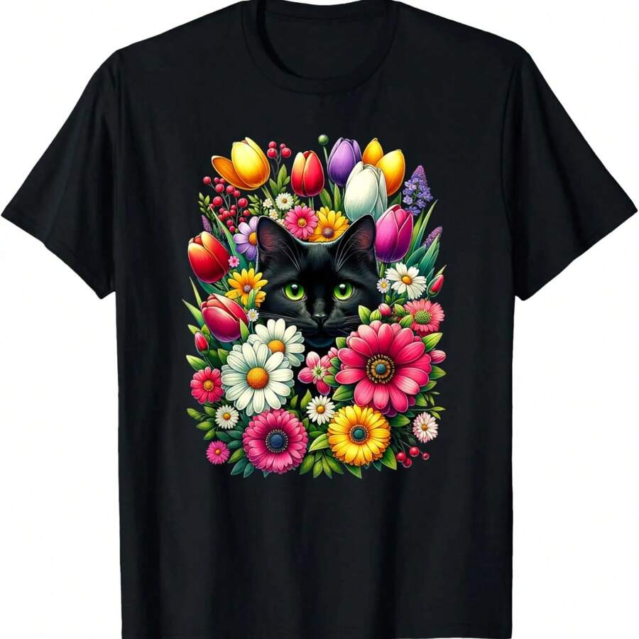 Boho Cute Black Cat Hiding In Spring Flowers T-Shirt - Black - View 1