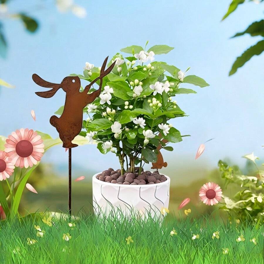 1pc Vintage Distressed Iron Rabbit Scissor Holder Garden Stake, Bonsai Moss Micro Landscape Decor, Yard Greenery Fun Flower Stake Ornament - Rabbit Scissors Ground Planting - View 1